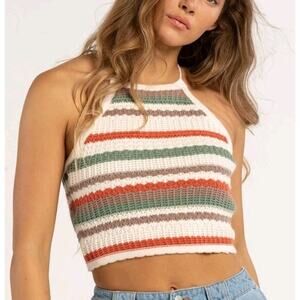 RSQ Crochet Boho Y2K Style Cream Green Striped Halter Top Fall Lined Sz M Medium